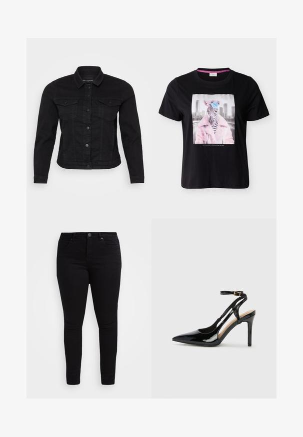 Sort denimjakke med klassisk krave, frontknaplukning, to brystlommer og stikninger.; Sort T-shirt med en zebra iført en pink nitteret frakke og en blå blomst på hovedet, byens skyline i baggrunden.; Sorte skinny jeans lavet af denim. Har fem lommer, lynlås og en topknap. Glat tekstur og tætsiddende design.; Sorte laklæder højhælede slingback-sko med spids tå, justerbar ankelrem og åben sider. Glat tekstur.