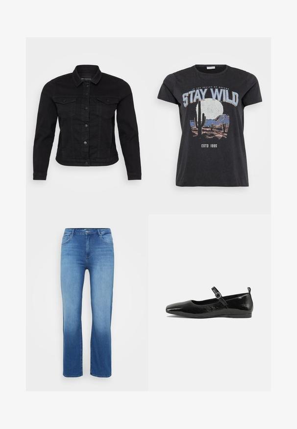 Sort denimjakke med klassisk krave, frontknaplukning, to brystlommer og stikninger.; Sort bomulds t-shirt med et grafisk print af en ørken-scene med kaktusser, en måne og sætningen "STAY WILD" i blå skrifttype.; Lysblå denimjeans med lige snit, fem-lomme design og en slidt effekt ved kanten. Knaplukning i taljen.; Sorte patentlæder flade sko med spidse tæer, en ankelrem med spænde og en glat, blank tekstur. Lav hæl for komfort.