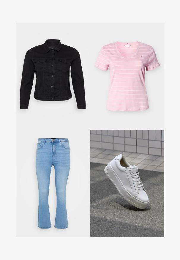 Schwarze Denimjacke mit klassischem Kragen, vorderem Knopfverschluss, zwei Brusttaschen und Stickdetails.; Hellrosa Damen-T-Shirt mit kurzen Ärmeln und V-Ausschnitt, dünnen weißen horizontalen Streifen und kleinem Logo auf der linken Brust.; Helle, blaue, aus Baumwoll-Denim gefertigte Schlagjeans. Sie verfügen über eine hohe Taille, fünf Taschen und sichtbare Nähte entlang der Nähte und am Saum.; Weiße Leder-Sneaker mit einem Low-Top-Design, flachen Schnürsenkeln, runder Zehenform und strukturierten Seiten. Dicke Gummisohle mit dezenten Akzenten.
