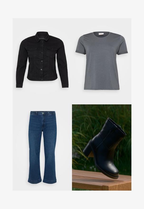 Sort denimjakke med klassisk krave, frontknaplukning, to brystlommer og stikninger.; Grå kortærmet T-shirt lavet af blødt stof, med en klassisk rund halsudskæring og oprullede ærmer. Glat tekstur uden synlige mønstre.; Højtaljede blå jeans med lige ben og bred kant, lavet af denim. Har et klassisk fem-lomme design og lukning med metalknap.; Sort læderankelstøvle med blokhæl, der svæver over en træoverflade med grøn græs i den slørede baggrund.