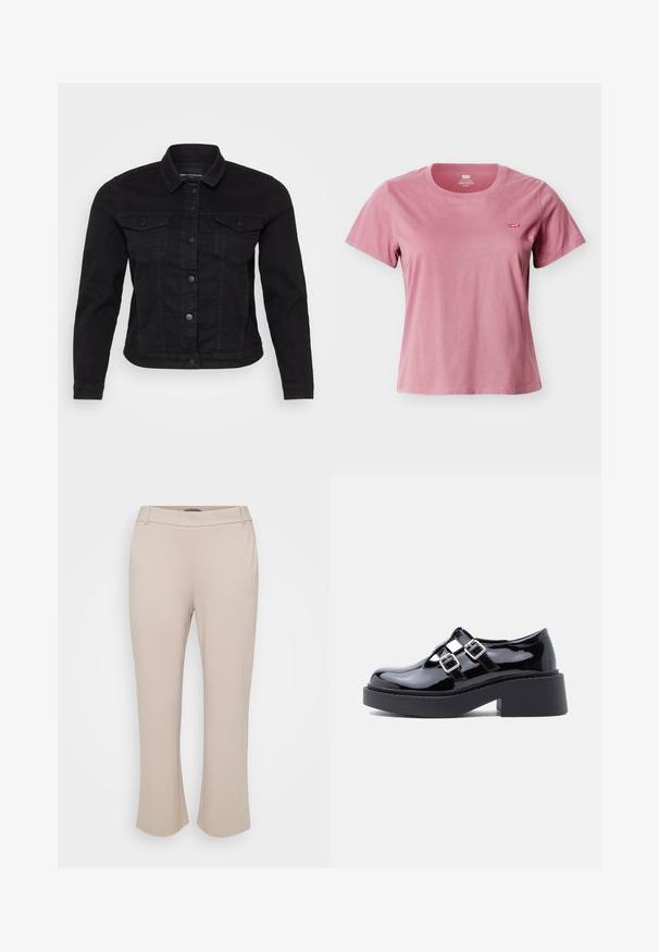 Sort denimjakke med klassisk krave, frontknaplukning, to brystlommer og stikninger.; Dame kortærmet støvet lyserød t-shirt med rund hals og lille rød Levi's-logo på venstre bryst mod hvid baggrund.; Beige bukser med et lige ben-design. Lavet af et glat, strækbart stof. Har en mellemhøj talje og ingen synlig hardware.; Sorte platformssko i laklæder med bred hæl, udskåret design og to sølvspænder hen over vristen. Flad gummisål.