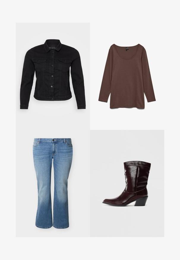 Zwart denim jack met een klassieke kraag, sluiting met knopen aan de voorkant, twee borstzakken en stikdetails.; Bruine shirt met lange mouwen en een brede ronde hals, gemaakt van zachte stof, plat uitgestald op een witte achtergrond.; Lichtblauwe denim jeans met hoge taille, licht uitlopende pijpen, knopen aan de voorkant en een stijl met vijf zakken.; Bordeaux leren enkellaarsjes met een spitse neus, textuur op het oppervlak en een taps toelopende lage hak. Heeft subtiele stiksels en een strakke pasvorm.