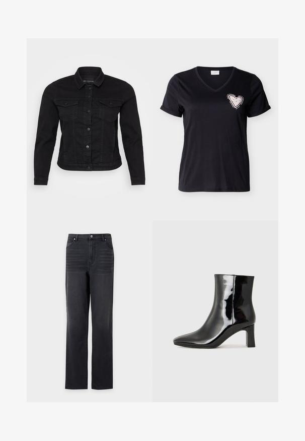 Zwart denim jack met een klassieke kraag, sluiting met knopen aan de voorkant, twee borstzakken en stikdetails.; Zwart T-shirt met korte mouwen en V-hals, met omgeslagen manchetten, voorzien van een roze hartapplicatie met kleine studs en omringende motiverende tekst op de borst.; Zwarte jeans met rechte pijpen, voorzakken en riemlussen, getoond tegen een effen witte achtergrond.; Zwarte gepolijste leren enkellaars met een spitse neus en een blokhak van gemiddelde hoogte. Glad textuur en minimalistisch ontwerp.