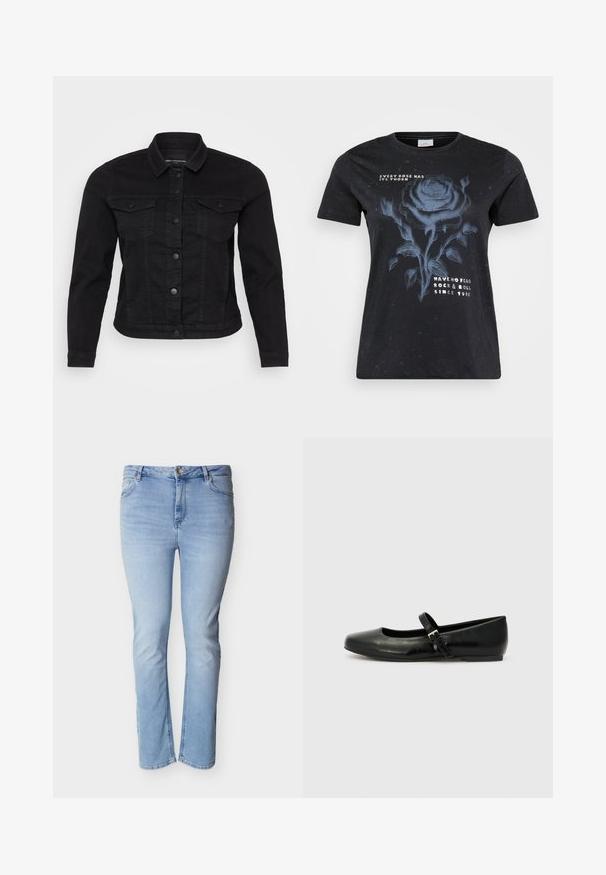 Chaqueta de mezclilla negra con cuello clásico, cierre frontal de botones, dos bolsillos en el pecho y detallado de costura.; ONLY Carmakoma CARMIKO WASHED SS REG TEE JRS - Camiseta estampada - black; Vaqueros de mezclilla azul claro con corte recto, diseño de cinco bolsillos, cremallera y cierre de botón.; Bailarinas de cuero negro con punta redondeada, suela plana y una delgada correa ajustable en el empeine que cuenta con una hebilla de metal.