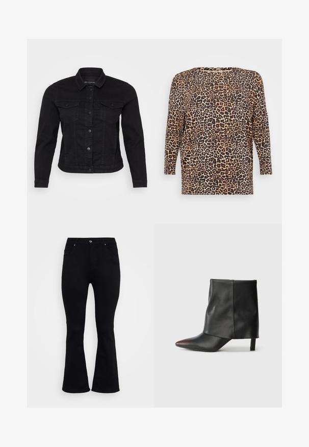 Zwart denim jack met een klassieke kraag, sluiting met knopen aan de voorkant, twee borstzakken en stikdetails.; Leopardenprint longsleeve top met een relaxte pasvorm, ronde hals en zachte, gestructureerde stof in tinten bruin en tan.; ONLY Carmakoma Flared fit CARWILLY High waist - Flared Jeans - black denim; Zwarte enkellaars van glad leer met een puntige neus en een taps toelopende hak. Het bovenwerk heeft een licht geplooid ontwerp.