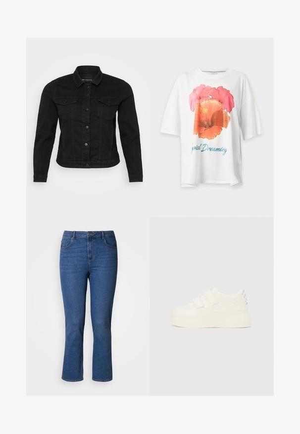 Zwart denim jack met een klassieke kraag, sluiting met knopen aan de voorkant, twee borstzakken en stikdetails.; Witte T-shirt met korte mouwen met een grote roze en oranje bloemenprint en blauwe tekst met de tekst "Tropical Dreaming" op de voorkant.; Blauwe denim jeans met een rechte snit, vijfzakkenontwerp, messing hardware en oranje stiksel details. Soepele textuur.; Witte platform sneaker met dubbele klittenbandsluitingen en zilverkleurige studs op de hiel, zijdelings getoond tegen een effen achtergrond.