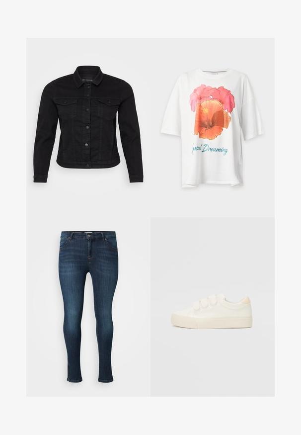 Zwart denim jack met een klassieke kraag, sluiting met knopen aan de voorkant, twee borstzakken en stikdetails.; Witte T-shirt met korte mouwen met een grote roze en oranje bloemenprint en blauwe tekst met de tekst "Tropical Dreaming" op de voorkant.; Donkerblauwe skinny jeans met een voorste knoop, rits, vijf zakken en lichte vervaging op de dijen en knieën tegen een witte achtergrond.; Witte sneakers met een gladde leren uitstraling, drie klittenbandsluitingen, ronde neus en een gestructureerde rubberen zool. Achteraccent in beige.