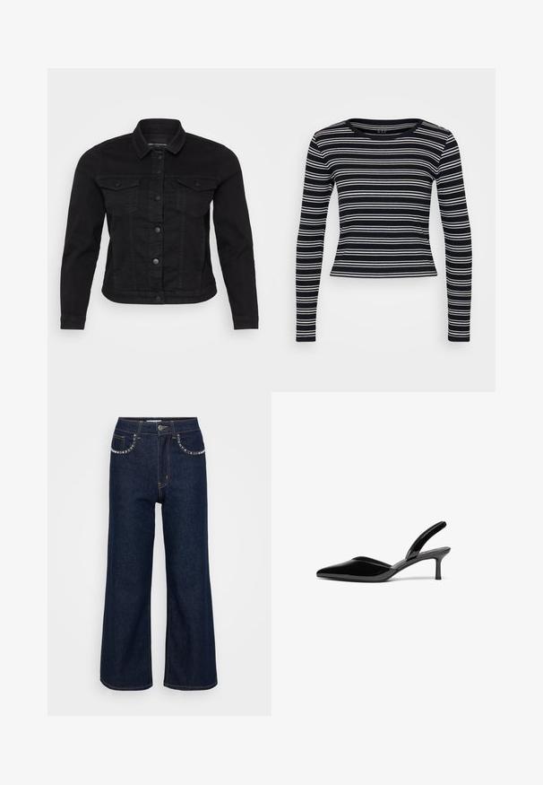 Schwarze Denimjacke mit klassischem Kragen, vorderem Knopfverschluss, zwei Brusttaschen und Stickdetails.; Schwarz-weiß gestreiftes Langarm-T-Shirt mit Rundhalsausschnitt und taillierter Passform. Hergestellt aus geripptem Stoff mit glatter Textur.; Dunkelblaue Schlagjeans aus Denim, mit hoher Taille, zwei vorderen Taschen mit dekorativer Naht und einem einzelnen Knopfverschluss.; Schwarze Lackleder-Slingback-Pumps mit spitzem Fuß, niedrigem Stiletto-Absatz und einem eleganten, schlichten Design ohne Verzierungen.