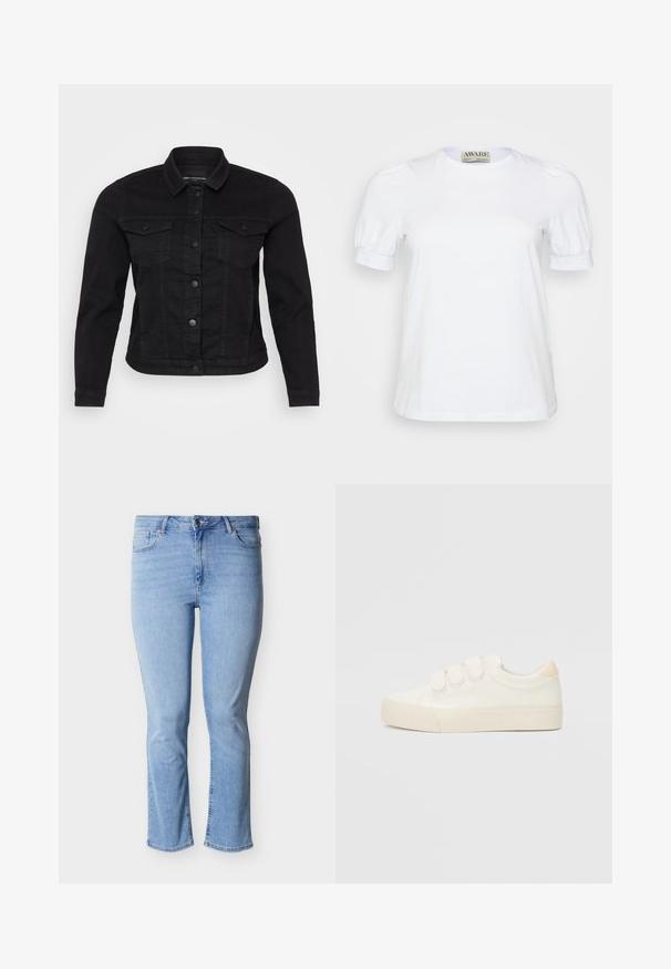 Sort denimjakke med klassisk krave, frontknaplukning, to brystlommer og stikninger.; Hvid kortærmet t-shirt lavet af bomuld, med rund halsudskæring og pufærmer med elastiske manchetter. Simpelt og klassisk design.; Lyseblå denimjeans med lige pasform, fem-lomme design og knaplukning i taljen. Slidt tekstur på stoffet.; Hvide sneakers med en glat læderlignende overdel, tre velcrostropper, rund tå og en tekstureret gummisål. Bagakcent i beige.