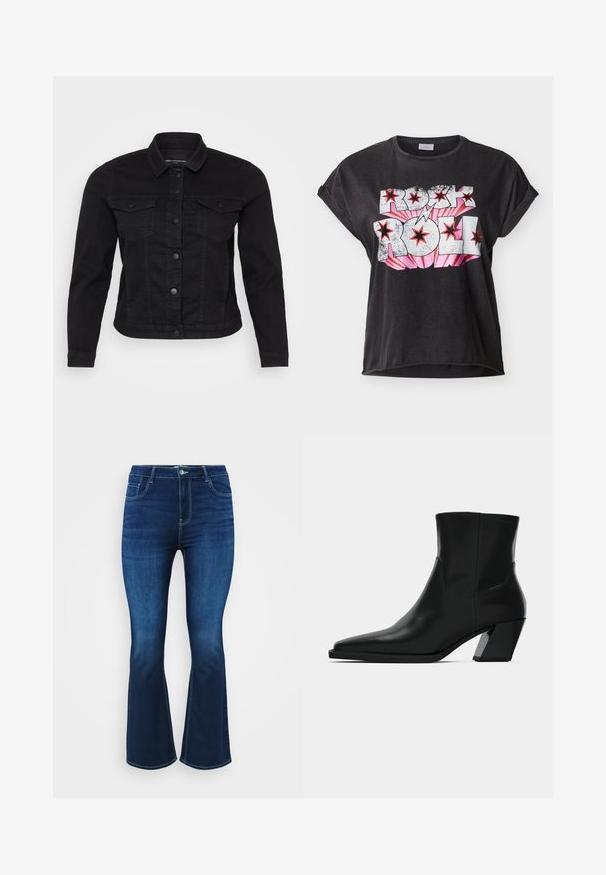 Sort denimjakke med klassisk krave, frontknaplukning, to brystlommer og stikninger.; Sort T-shirt med korte ærmer og opsmøgede manchetter med teksten "Rock Roll" i hvid og pink, dekoreret med røde stjerner og et lyn-design.; Mørkeblå bootcut jeans lavet af denim, med fem lommer, lynlås og knaplukning samt kontrastsyninger langs sømmene.; Sortlæder ankelstøvle med spids tå, en slank silhuet og en kraftig firkantet hæl. Glat tekstur med minimale stikninger.