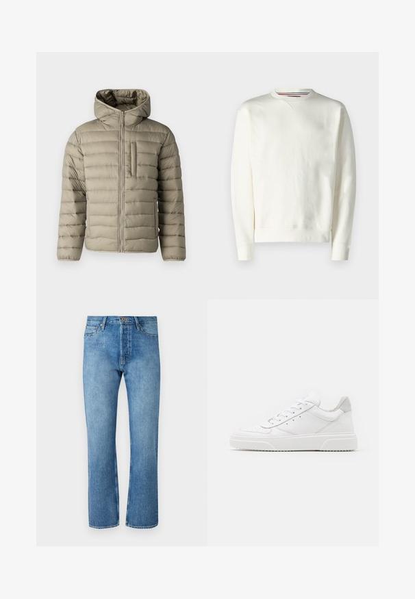 Oppustelig jakke i lys beige med hætte, lynlås og brystlomme. Polstret design med horisontale sømme for isolering.; Hvid sweatshirt med rund hals, ribbede manchetter og en subtil logo-detalje. Blødt materiale med en glat tekstur og et minimalistisk design.; Lyseblå denim jeans med lige ben, der har et klassisk fem-lomme design, knaplukning og kontrastsying.; Hvide lædersneakers med en glat finish, rund tå, flade snørebånd og en struktureret sål. Grå ruskindsdetalje ved hælen.