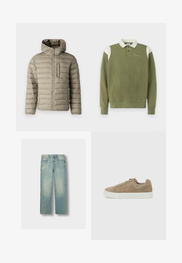 Oppustelig jakke i lys beige med hætte, lynlås og brystlomme. Polstret design med horisontale sømme for isolering.; Langærmet polo i olivengrøn med hvid krave og skulderdetaljer. Har tre knapper og broderet "Terrice"-detalje.; Lyseblå denim jeans med lige ben design, der har slidte områder, fem lommer og synlige syninger. Klassisk metalspænde.; Beige ruskind lavsnørestøvle med beige snørebånd og hvid gummisål, set fra siden på en lysegrå baggrund.