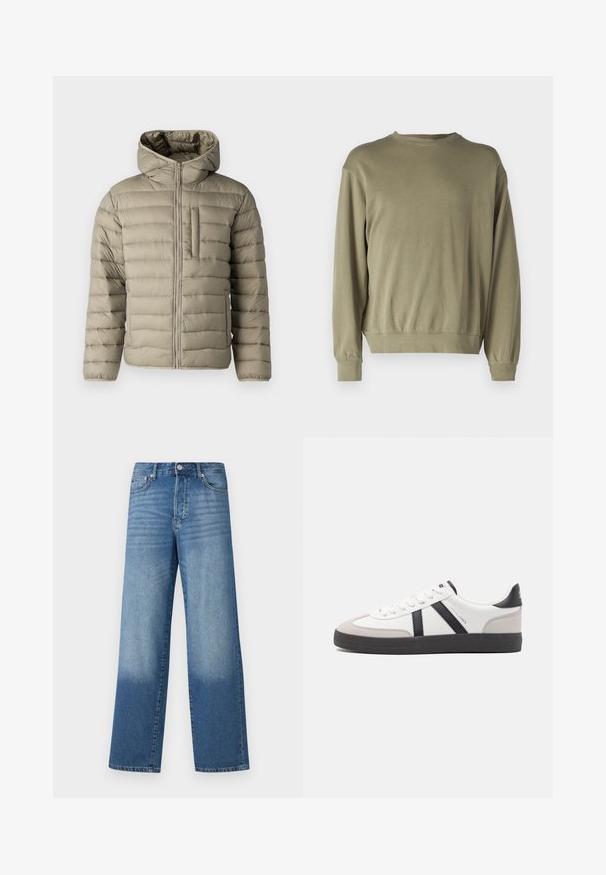 Oppustelig jakke i lys beige med hætte, lynlås og brystlomme. Polstret design med horisontale sømme for isolering.; Oliven grøn, langærmet sweatshirt lavet af blødt bomuldsblanding. Har en rund halsudskæring og ribbede manchetter med en afslappet pasform.; Blå højtaljede strækte jeans med falmede områder på lårerne og mørkere skygger nær kanten, synlig frontknap og lommer.; Hvide sneakers med sorte og grå detaljer, med en tekstureret grå tåhætte, sort gummisål og flade hvide snørebånd. Rent design, minimalistisk stil.