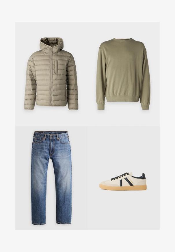 Oppustelig jakke i lys beige med hætte, lynlås og brystlomme. Polstret design med horisontale sømme for isolering.; Oliven grøn, langærmet sweatshirt lavet af blødt bomuldsblanding. Har en rund halsudskæring og ribbede manchetter med en afslappet pasform.; Stumpe ben blå denim jeans med en knap- og lynlåslukning, fem lommer og orange syninger på en lys grå baggrund.; Casual sneakers i creme med sorte striber, med en tekstureret overdel og sål i gummigummi. Snørebåndene er sorte. Diskret logo på siden.