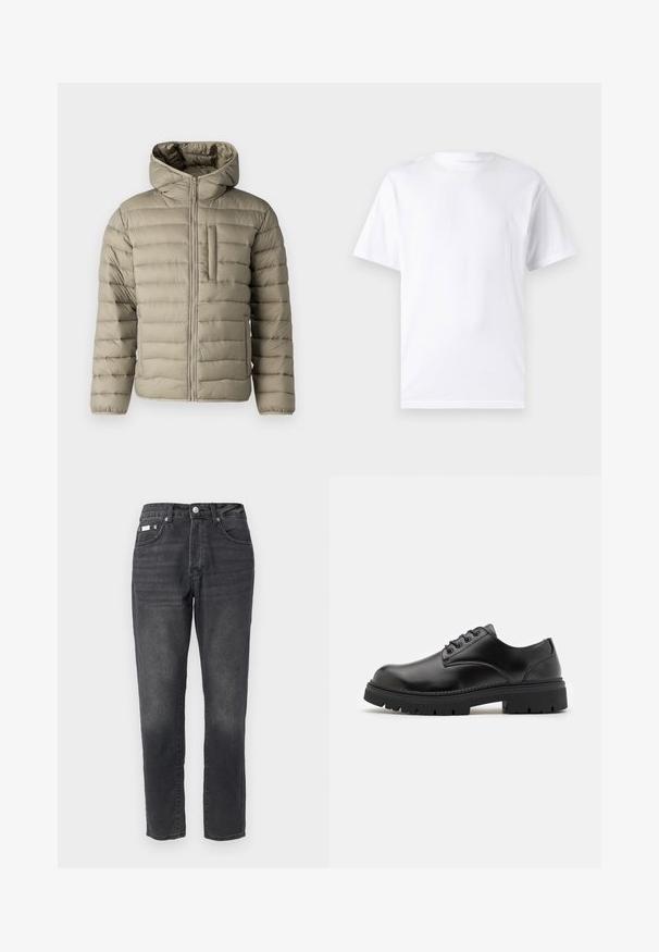 Oppustelig jakke i lys beige med hætte, lynlås og brystlomme. Polstret design med horisontale sømme for isolering.; Hvid kortærmet t-shirt lavet af bomuld med rund hals, der har en glat tekstur og et simpelt design uden mønstre eller accenter.; Sorte denimjeans med lige ben, fem-lomme stil og subtil falmning. Fuldført med knap og lynlås lukning.; Sorte lædersko med rund tå, snørelukning og en tykk, struktureret gummisål. Har syninger langs kanten og en glat overflade.