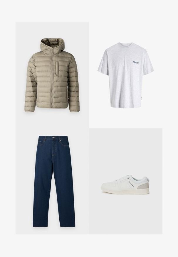 Oppustelig jakke i lys beige med hætte, lynlås og brystlomme. Polstret design med horisontale sømme for isolering.; Grå t-shirt med korte ærmer, der har et lille blåt "project core" logo på venstre side af brystet, præsenteret på en ensfarvet baggrund.; Mørkeblå denim jeans med lige snit, fem lommer og knaplukning. Har kontrastsy, og en klassisk linning.; Hvide casual sneakers med et perforeret design og lysegrå detaljer, med snørebånd og branding på siden, præsenteret på en enkel baggrund.