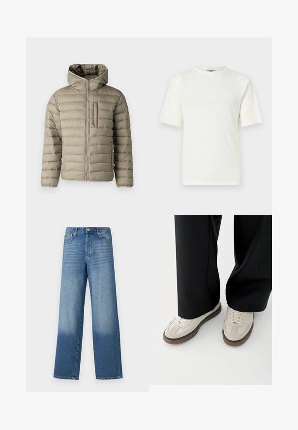 Oppustelig jakke i lys beige med hætte, lynlås og brystlomme. Polstret design med horisontale sømme for isolering.; Hvid kortærmet T-shirt lavet af tekstureret stof med et subtilt vandret mønster. Rund hals design, afslappet pasform.; Blå højtaljede strækte jeans med falmede områder på lårerne og mørkere skygger nær kanten, synlig frontknap og lommer.; Fødder iført beige sneakers med brune såler og sorte bukser med vide ben på hvid baggrund.