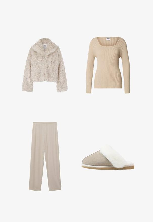 Veste courte en fausse fourrure couleur crème avec un large col, surface texturée et manches longues. Dispose d'une fermeture à bouton à l'avant.; Pull côtelé beige avec un col carré et des manches longues, fabriqué en tissu doux et texturé. Design simple, idéal pour superposer.; Pantalons en coton beige légers, avec une coupe droite, une taille élastique et une texture douce. Pas de motifs ni de matériel visible.; Mocassin en daim beige clair avec une bande de fourrure blanche duveteuse sur le dessus, doté d'une semelle extérieure texturée pour une meilleure adhérence et un confort optimal.