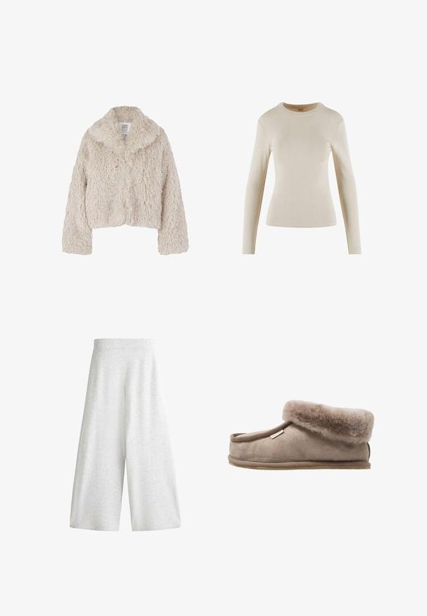 Veste courte en fausse fourrure couleur crème avec un large col, surface texturée et manches longues. Dispose d'une fermeture à bouton à l'avant.; Haut beige à manches longues en côte avec un col rond ; présente un design ajusté et un petit logo en détail sur le poignet.; Pantalon en maille gris clair à jambes larges, taille élastique et coupe décontractée et courte.; Chausson en suède marron avec un col doux et moelleux, bout rond et semelle texturée. Le design présente un bord cousu et une petite étiquette.
