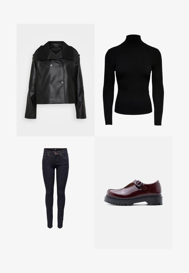 Sort læder cropped jakke med dobbeltradet front, stor krave, sidelommer og ribbede detaljer ved kraven og manchetterne.; Sort ribbet højhalset sweater med lange ærmer, tætsiddende design og en glat tekstur. Har et højt hals og mansjetterede ærmer.; Mørkeblå slim-fit denimjeans med frontknap og lommer, synlige syninger og mærket båndetiket i taljen.; Vinrød laklædersko med rund tå, justerbar spænde og chunky sort platformsål med rillede tekstur.