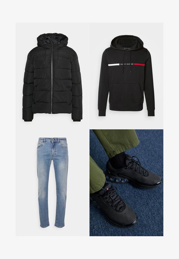 Schwarze Daunenjacke mit Kapuze, ausgestattet mit einem Reißverschluss vorne, elastischen Bündchen und einem gesteppten Design. Hergestellt aus leichtem, isoliertem Material.; Schwarzer Hoodie mit Fronttasche, Kordelzugkapuze und horizontalen weißen und roten Streifen, die das "Tommy Hilfiger"-Logo auf der Brust flankieren.; Helle blaue Jeans aus Denim mit einem klassischen geraden Bein-Design, fünf Taschen, Gürtelschlaufen und einem Reißverschluss mit Knopfverschluss.; Schwarze Sportschuhe mit einem Obermaterial aus Mesh, strukturiertem Oberflächenmaterial und sichtbaren Luftpolsterkissen. Kombiniert mit olivgrünen Hosen und schwarzen Socken.