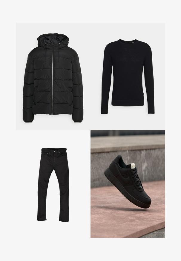 Chaqueta acolchada negra con capucha, con cierre frontal de cremallera, puños elastizados y diseño acolchado. Fabricada con material ligero e insulated.; Suéter negro de mangas largas con un diseño de tejido texturizado. Presenta un cuello redondo y puños y dobladillo acanalados. Estilo simple y minimalista.; Vaqueros de mezclilla negra con un diseño de pierna recta, estilo de cinco bolsillos y cierre de botón metálico. Textura suave y color uniforme en toda la prenda.; Zapatilla negra Nike Air Force 1 flotando sobre un borde de hormigón rosa con fondo de piedra gris, mostrando detalles laterales y superiores.