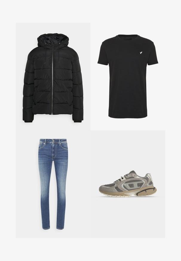 Schwarze Daunenjacke mit Kapuze, ausgestattet mit einem Reißverschluss vorne, elastischen Bündchen und einem gesteppten Design. Hergestellt aus leichtem, isoliertem Material.; Schwarzes T-Shirt mit kurzen Ärmeln aus Baumwolle, mit Rundhalsausschnitt und einem kleinen weißen Vogel-Logo auf der linken Brustseite.; Schlank geschnittene Jeans aus mittelblauem Denim. Verfügt über fünf Taschen, einen Knopfverschluss vorne und Ausbleichungen an den Oberschenkeln. Glatte Textur.; Grauer und beiger Sportschuh mit Mesh-Gewebe, Wildleder-Overlays, gemusterter Sohle und Schnürverschluss von der Außenseite auf weißem Hintergrund gezeigt.