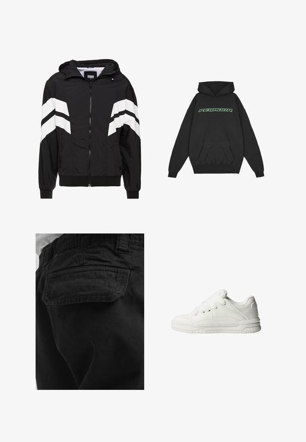 Veste coupe-vent noire avec des rayures blanches en diagonale, fermeture éclair, capuche, poignets élastiques et ourlet noir uni. Le matériau semble léger.; Pegador ALDEN OVERSIZED HOODIE - Sweat à capuche - washed black; Poche arrière d’un pantalon noir avec rabat et coutures visibles, porté par une personne en chemise blanche.; Baskets blanches avec un extérieur en cuir lisse, une languette rembourrée, des lacets plats et des accents texturés sur les côtés et le talon.