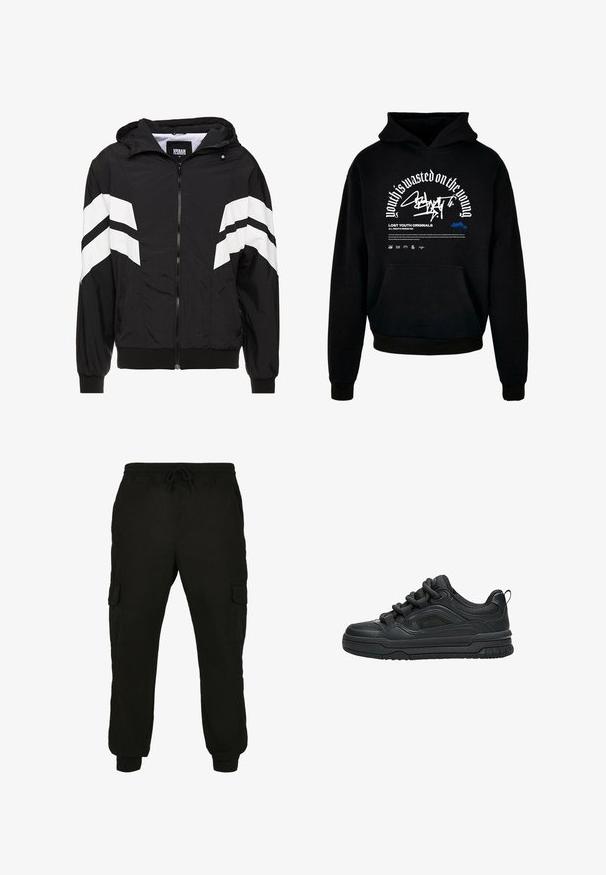 Veste coupe-vent noire avec des rayures blanches en diagonale, fermeture éclair, capuche, poignets élastiques et ourlet noir uni. Le matériau semble léger.; Sweatshirt à capuche noir avec poche avant. Présente un texte en gras blanc et un design graphique. Fabriqué en tissu doux, avec des poignets côtelés et une finition en ourlet.; Pantalons cargo noirs en tissu doux, avec une taille élastique munie d'un cordon de serrage, des poches latérales et des poignets fuselés.; Baskets noires basses avec une semelle épaisse, un col rembourré, des panneaux en mesh et des lacets épais, affichées sur un fond blanc.