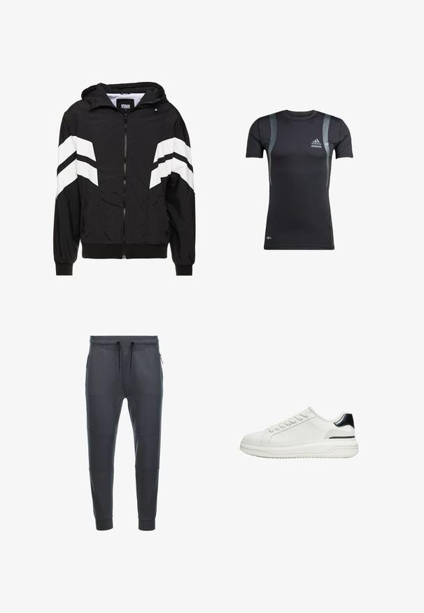 Veste coupe-vent noire avec des rayures blanches en diagonale, fermeture éclair, capuche, poignets élastiques et ourlet noir uni. Le matériau semble léger.; T-shirt de sport noir Adidas Techfit à manches courtes avec des bandes grises courbes à l’avant et un petit logo Climacool près de l’ourlet inférieur.; Pantalons de survêtement gris foncé en tissu doux, dotés d'une taille à cordon de serrage, de deux poches latérales zippées et de panneaux décoratifs sur les jambes.; Basket basses blanches avec lacets à l’avant et détail noir au talon sur une semelle épaisse, vues de côté sur fond blanc.