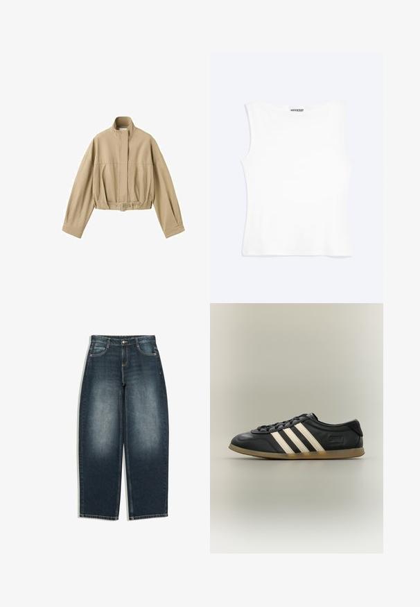 Veste courte beige à manches longues, col montant, fermeture éclair à l'avant et ceinture ajustable à la taille sur fond blanc.; Débardeur blanc ajusté sans manches avec un col rond et un design minimaliste, étiqueté "WEEKDAY" à l'intérieur du col.; Jean bleu foncé à jambes larges avec légère décoloration sur l’avant des cuisses, cinq poches, fermeture par bouton et passants de ceinture, présenté à plat sur fond blanc.; Baskets Adidas Gazelle noires avec des bandes blanches, des lacets noirs et une semelle marron clair, vues de profil sur un fond neutre.