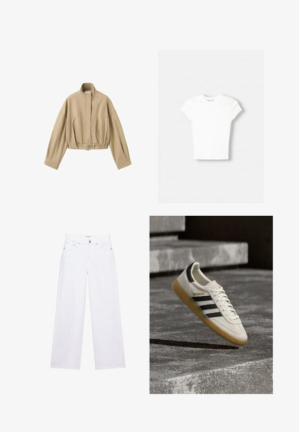 Veste courte beige à manches longues, col montant, fermeture éclair à l'avant et ceinture ajustable à la taille sur fond blanc.; T-shirt blanc à manches courtes en coton doux, avec un col rond et une coupe ajustée. Pas de motifs ni d'ornements visibles.; Jean blanc taille haute à jambes larges avec fermeture à boutons et zip, poches avant et arrière, et détails en rivets argentés.; Baskets Adidas Spezial blanches avec des rayures noires et une semelle en gomme flottant au-dessus de marches en pierre grises à l'extérieur.
