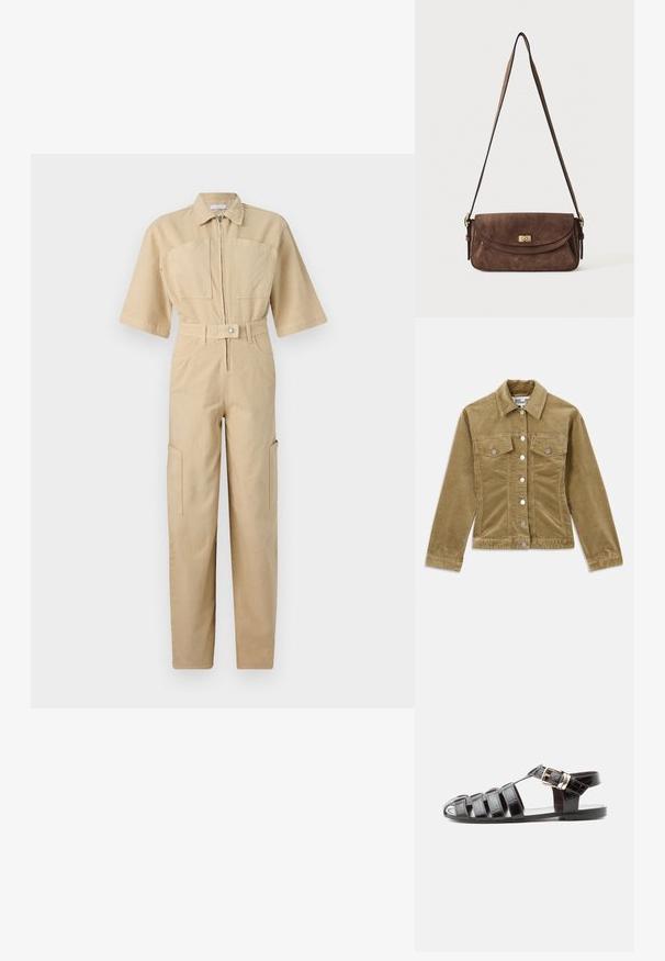 Kordjacke in olivgrün mit Kragen, zwei Fronttaschen, silbernen Knöpfen und gerippter Textur. Maßgeschneiderte Passform mit gerader Schnittführung.; Iro MAINA - Jumpsuit - camel; Schwarze Ledersandale im Fischermuster mit offenem Zehenbereich, mehreren Riemen und goldener Schnalle auf flacher Sohle, seitliche Ansicht.; Braune Veloursleder-Umhängetasche mit langem verstellbarem Schulterriemen und einem goldenen Drehverschluss an der vorderen Klappe.