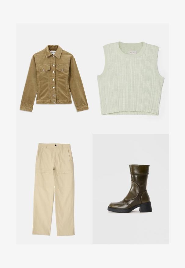 Oliven grøn cordurojjakke med krave, to frontlommer, sølvfarvede knapper og ribbet tekstur. Skræddersyet pasform med lige snit.; Lys grøn ribbet tanktop med rund halsudskæring og uden ærmer. Blød tekstur med en let cropped længde. Mærke synligt indeni.; Beige vidde bukser lavet af bomuld. Har to forlommer, to baglommer og en enkelt knaplukning i livet.; Olivengrøn læder ankelstøvle med rund tå, elastisk panel og en chunky sort hæl. Glat overflade og subtilt syede detaljer.