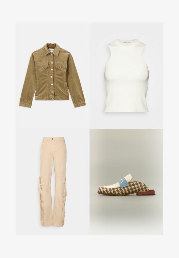 Oliven grøn cordurojjakke med krave, to frontlommer, sølvfarvede knapper og ribbet tekstur. Skræddersyet pasform med lige snit.; DESIGNERS REMIX MANDY TANK - Top - white; Beige ruskindbukser med frynser langs siderne, med en klassisk pasform, bæltestropper og frontknaplukning.; Slingback-sko med en blank, cremefarvet overdel, mønstret brun og beige krop, blå accentrem og en lav brun blokhæl.