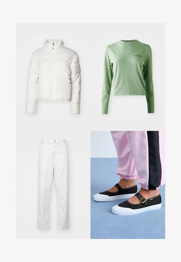 Doudoune blanche avec col haut, fermeture éclair frontale et deux poches latérales. Présente un motif matelassé et un logo discret sur la poitrine.; T-shirt à manches longues vert clair en coton doux, avec un col rond et un petit logo imprimé sur le côté supérieur gauche.; Pantalon en coton blanc avec une coupe droite, présentant une fermeture à bouton à l'avant, des passants de ceinture et des poches latérales. Texture lisse, sans motifs.; Baskets noires en toile avec une semelle blanche, présentant un design découpé et une sangle en boucle dorée. Portées avec un pantalon de survêtement rose.