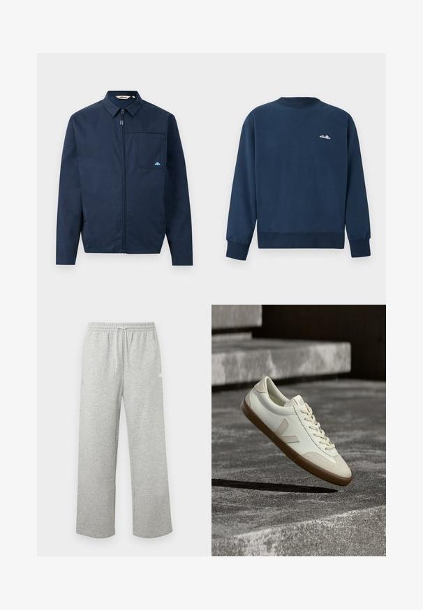 Veste bleu marine en tissu lisse, avec une fermeture éclair à l'avant, un col pointu et une poche poitrine unique avec un petit logo en accent.; Sweat-shirt bleu marine à col rond avec manches longues et petit logo blanc "ellesse" sur la poitrine gauche.; Pantalon de survêtement gris clair à cordon de serrage avec taille élastique et jambes larges et droites, présenté sur un fond uni.; Baskets en cuir blanc avec semelle en caoutchouc beige, lacets plats et accent en forme de V sur le côté. Présentent une surface lisse et peu de détails de couture.