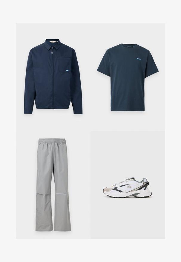 Chaqueta azul marino de tejido suave, con cremallera frontal, cuello puntiagudo y un bolsillo en el pecho con un pequeño acento de logo.; Camiseta de manga corta azul marino con cuello redondo y pequeño parche rectangular con logo en el pecho izquierdo.; Pantalones impermeables de lluvia de color gris claro con cintura elástica y banda reflectante en la pierna derecha, diseñados para uso al aire libre.; Zapatilla deportiva blanca con acentos en plata y negro, parte superior de malla, suela texturizada y un diseño aerodinámico que presenta un logotipo en el lateral.