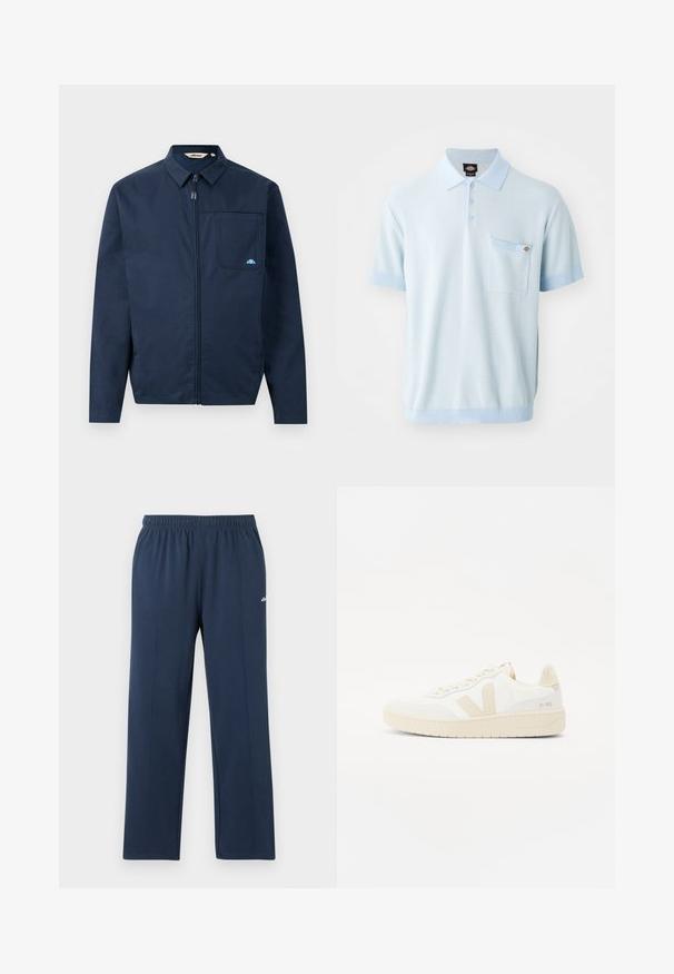 Veste bleu marine en tissu lisse, avec une fermeture éclair à l'avant, un col pointu et une poche poitrine unique avec un petit logo en accent.; Polo shirt bleu clair en tissu texturé, doté de trois boutons, de manches courtes avec des poignets contrastés et d'une poche poitrine avant.; Pantalon de survêtement bleu marine à jambe droite avec taille élastique et coutures verticales subtiles, petit logo blanc sur la cuisse supérieure.; Sneaker blanche avec des accents beiges, présentant un dessus texturé, un bout rond et une semelle en caoutchouc épaisse. Le design inclut le logo V iconique et le branding.