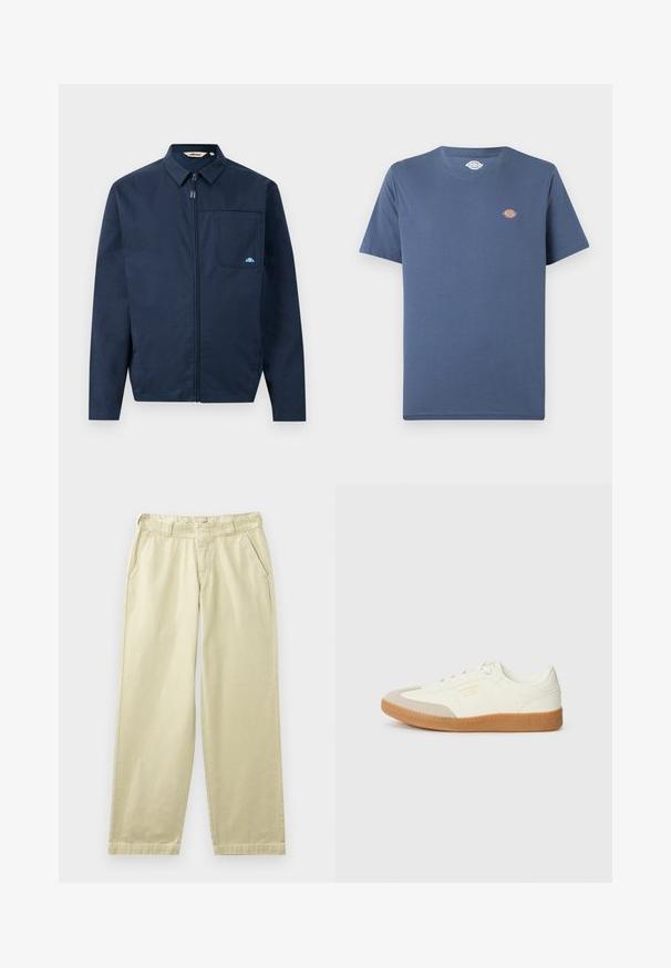 Chaqueta azul marino de tejido suave, con cremallera frontal, cuello puntiagudo y un bolsillo en el pecho con un pequeño acento de logo.; Camiseta básica azul de manga corta y cuello redondo, con un pequeño logo multicolor redondo en el área del lado izquierdo del pecho.; Pantalones de algodón beige con un corte relajado, que cuentan con bolsillos laterales, presillas para cinturón y piernas rectas. Textura suave con detalles mínimos de costura.; Zapatilla de cuero blanca con puntera beige y suela de goma marrón claro. Presenta cordones planos blancos y una marca en relieve en el lateral.