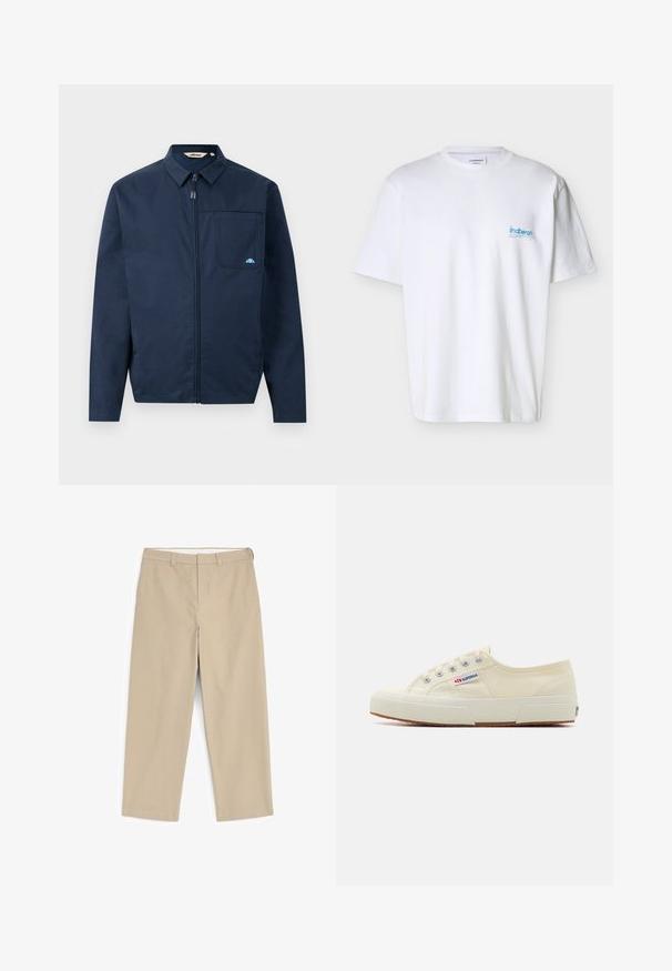 Chaqueta azul marino de tejido suave, con cremallera frontal, cuello puntiagudo y un bolsillo en el pecho con un pequeño acento de logo.; Camiseta blanca de manga corta con cuello redondo y pequeño logo azul "lindbergh" en el pecho izquierdo, sobre un fondo liso.; Pantalones beige de pierna recta con trabillas para el cinturón y cremallera frontal, mostrados sobre un fondo blanco.; Zapatillas de lona beige con un diseño de perfil bajo, ojales de metal y suela de goma. Presenta un patrón texturizado y detalle del logo en el lateral.