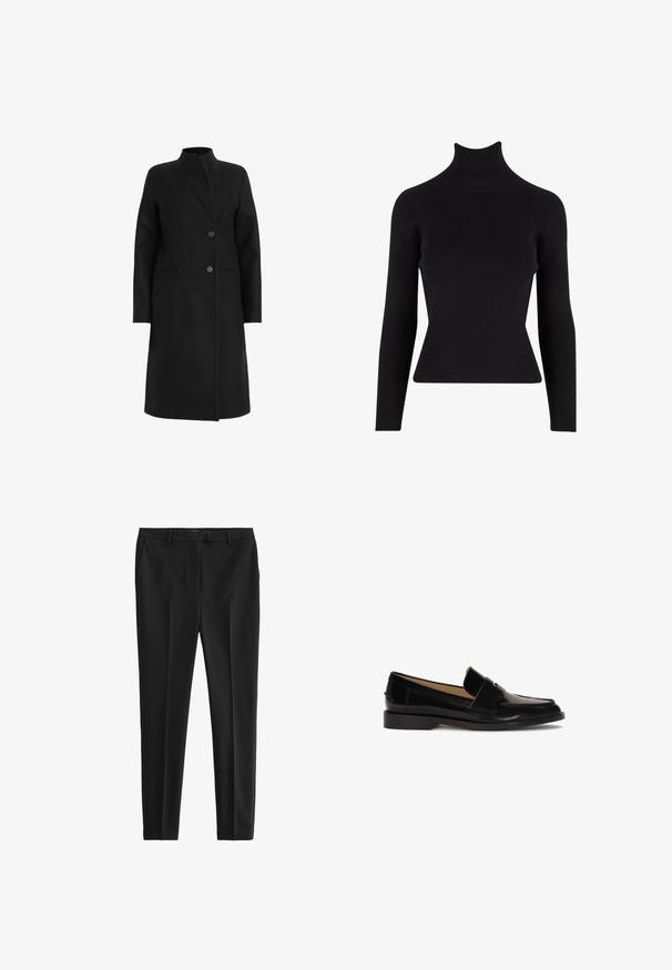 Sort frakke lavet af uldblanding, har en høj krave, dobbeltbrystet design med to knapper og sidelommer. Glat tekstur, knælængde.; Sort ribbet turtleneck sweater med lange ærmer, tætsiddende silhuet, tekstureret stof og høj hals.; Sorte bukser i et glat, letvægtsstof. Har en skræddersyet pasform, forkantede folder og standard bæltestropper med sidelommer og baglommer.; Sorte læder loafers med glat finish, afrundet tå og en dekorativ rem over fronten. Lav blokhælsdesign.