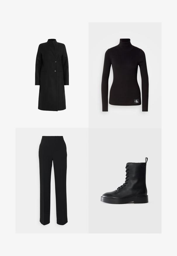 Sort frakke lavet af uldblanding, har en høj krave, dobbeltbrystet design med to knapper og sidelommer. Glat tekstur, knælængde.; Sort ribbet højhalset sweater med lange ærmer og en tætsiddende silhuet; har et logopatch på nederste venstre side.; Sorte, lige bukser med en glat tekstur. Har en talje og ingen synlige mønstre eller accenter. Klassisk og skræddersyet design.; Sort læderstøvle til midt på læggen med snørelukning, tyk sål og trækstrop, der har et subtilt "CK" logo nær den øverste hæl.