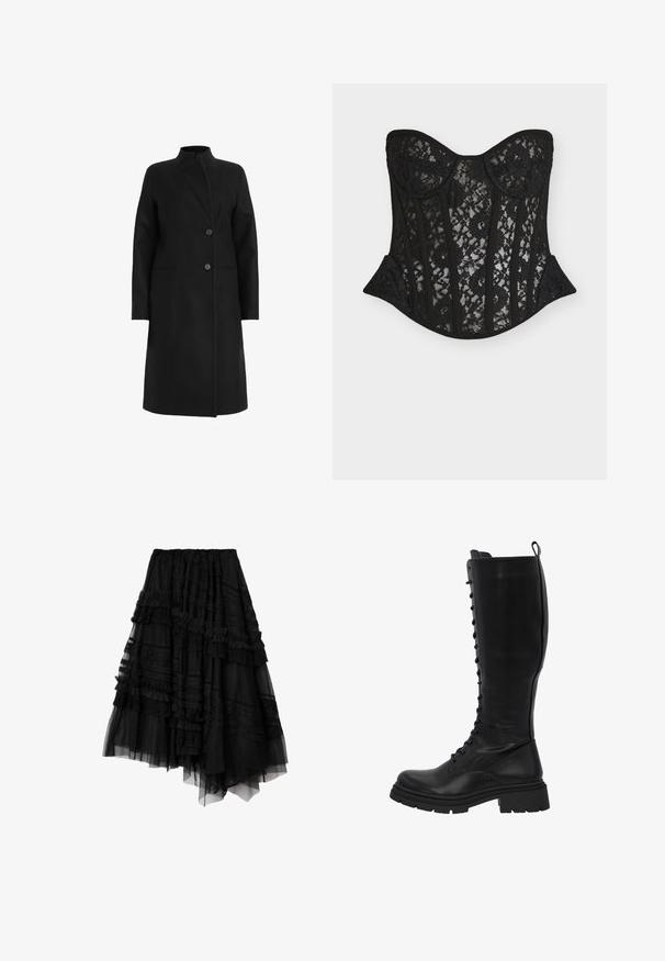 Abrigo negro de mezcla de lana, con cuello alto, diseño de doble botonadura con dos botones y bolsillos laterales. Textura suave, hasta la rodilla.; Corsé de encaje negro con un diseño estructurado, que presenta ballenas, escote corazón y un sutil patrón floral. Textura suave con una silueta ajustada.; Falda negra asimétrica en capas con detalles de encaje y volantes, confeccionada con paneles de tela transparentes y opacos.; Las botas de cuero negro hasta la rodilla presentan un frente con cordones, una suela resistente con estrías y un eje ancho para un uso cómodo.