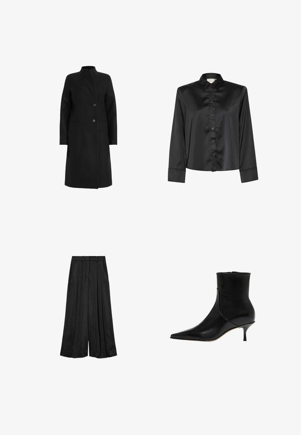 Sort frakke lavet af uldblanding, har en høj krave, dobbeltbrystet design med to knapper og sidelommer. Glat tekstur, knælængde.; Sort satin skjorte med lange ærmer, klassisk krave, knapfront og manchetter. Glat tekstur med en blank overflade, skræddersyet pasform.; Sorte bukser med vide ben lavet af et glat stof, der har folder, en linning med bæltestropper og sidelommer for funktionalitet.; Sort læder ankelstøvle med spids tå og slank hæl. Glat tekstur og minimalt design med lynlåslukning i siden.