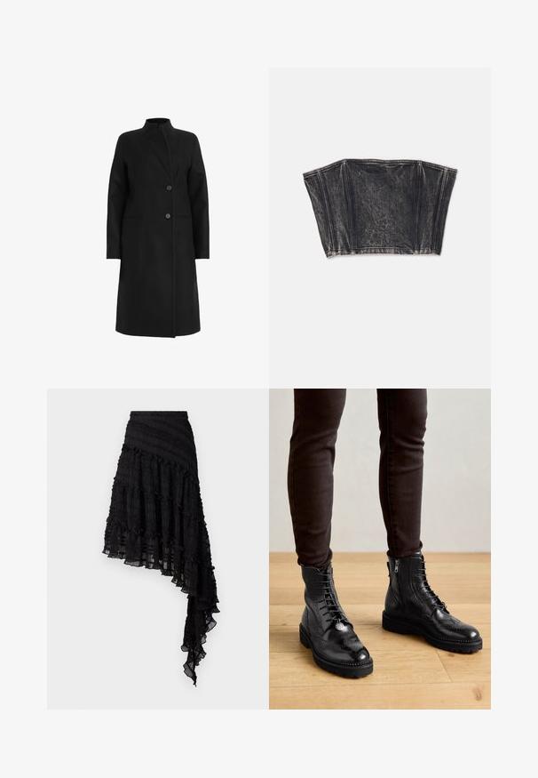 Sort frakke lavet af uldblanding, har en høj krave, dobbeltbrystet design med to knapper og sidelommer. Glat tekstur, knælængde.; Sort denim bustier med struktureret design, der har lodrette sømme og en tætsiddende, cropped form. Tekstureret overflade med subtil fading.; Sort asymmetrisk nederdel med teksturerede plisseringer, lagdelte flæser og en smocket talje. Letvægtsstof med en gennemsigtig finish.; Sorte læder ankelstøvler med brogue-detaljer, snørebånd foran, sideskafter og teksturerede gummisåler. Matchet med mørke slim-fit bukser.
