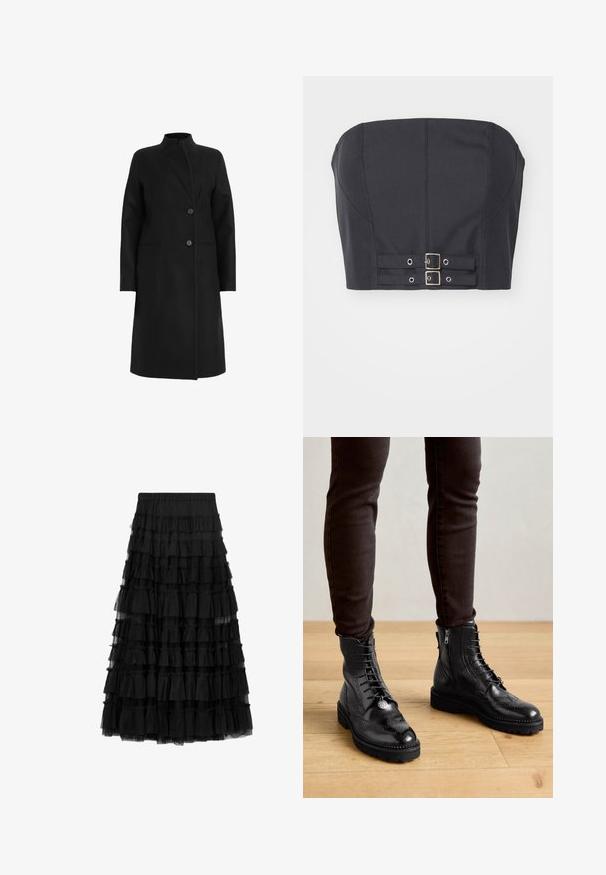 Sort frakke lavet af uldblanding, har en høj krave, dobbeltbrystet design med to knapper og sidelommer. Glat tekstur, knælængde.; Sort cropped top uden stropper med struktureret bodice, der har syninge og dobbelte metalspænder foran til lukning.; Sort lagdelt nederdel lavet af tyl med flere flæse-lag og elastik i taljen, med en gennemsigtig tekstur og knælængde design.; Sorte læder ankelstøvler med brogue-detaljer, snørebånd foran, sideskafter og teksturerede gummisåler. Matchet med mørke slim-fit bukser.