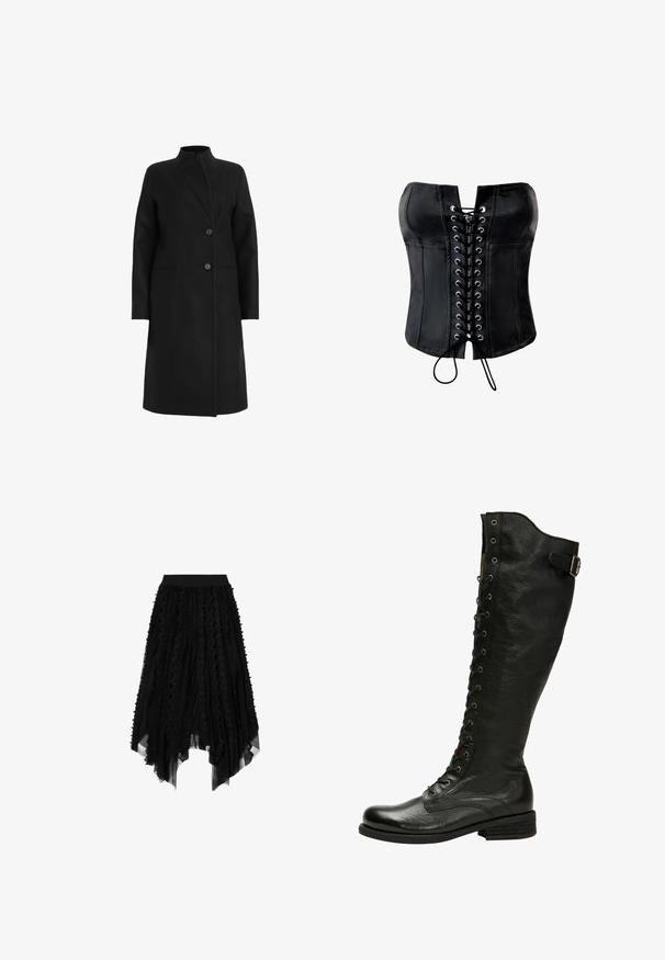 Sort frakke lavet af uldblanding, har en høj krave, dobbeltbrystet design med to knapper og sidelommer. Glat tekstur, knælængde.; Sort satin-corset med en struktureret form, snørelukning foran med sølvøjer og en glat finish. Har en lige, stropløs halsudskæring.; Sort asymmetrisk midilang nederdel med lagdelte blonder og mesh lodrette striber samt en tætsiddende taljebånd.; Sorte læder knæhøje støvler med snørebånd foran, sølvøjer og sidebælte. Har en tekstureret overflade og stablet hæl.