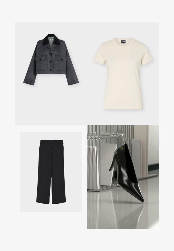 Veste courte gris foncé avec col en velours côtelé noir, manches longues, boutons sur le devant et deux poches à rabat boutonnées.; T-shirt à manches courtes couleur crème, col rond, avec petit logo brodé sur le côté gauche de la poitrine et étiquette noire "BOSS" à l'intérieur du col.; Pantalon noir à jambes larges avec passants de ceinture, fermeture éclair devant et logo discret près de la taille sur un fond uni.; Chaussure noire à talon haut avec bout pointu et logo doré, posée sur une surface réfléchissante près d'un organiseur de dossiers en fil chromé contenant des documents.