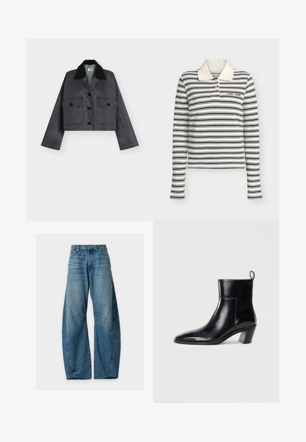 Veste courte gris foncé avec col en velours côtelé noir, manches longues, boutons sur le devant et deux poches à rabat boutonnées.; Polo blanc à manches longues avec des rayures horizontales noires et deux boutons au col.; Jean en denim bleu à jambes larges avec bouton sur le devant, poches et détails de coutures visibles sur les jambes, sur un fond clair uni.; Bottine en cuir noir avec un bout pointu, un talon empilé géométrique et une languette à l'arrière. Texture lisse et design épuré.